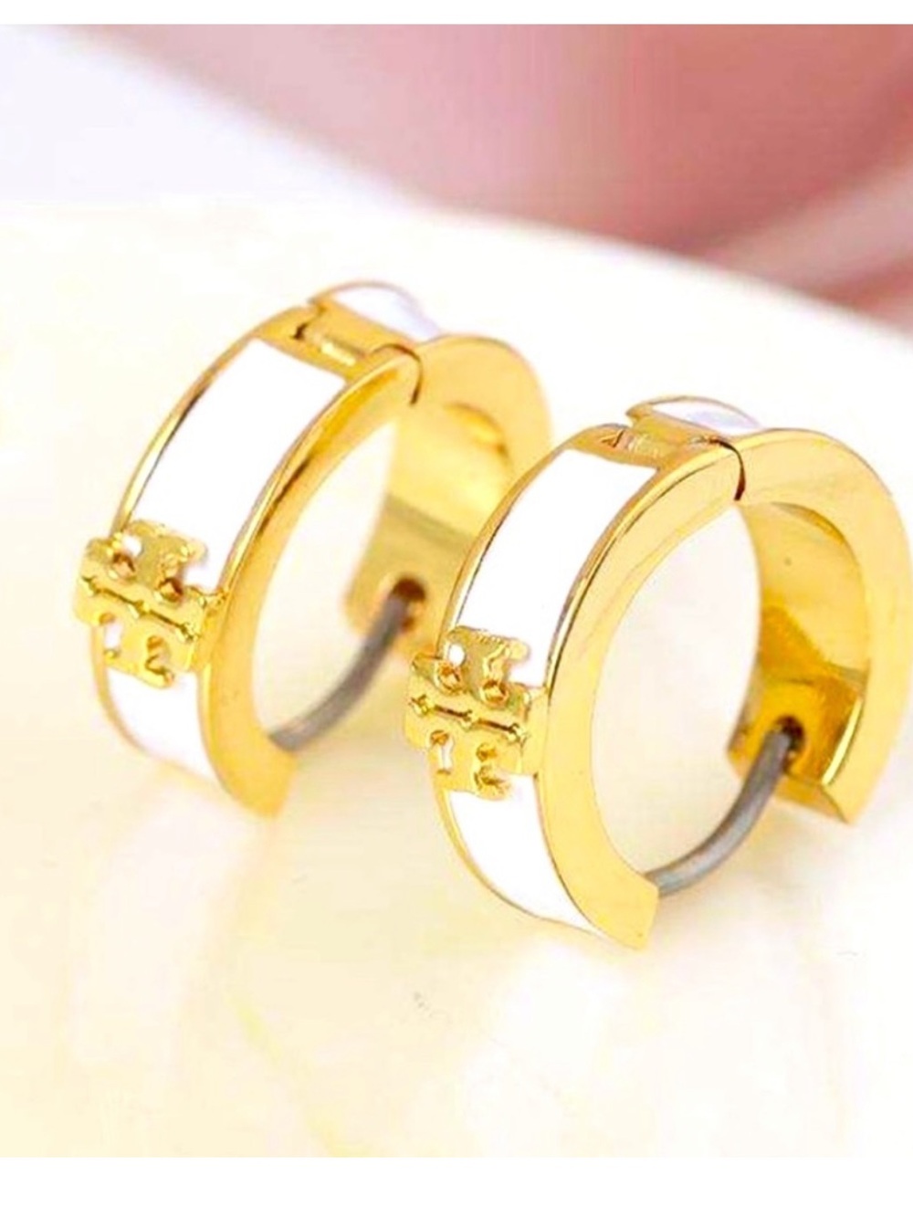 Tory Burch Gold and White Enamel Pearl Hoops NEW $139